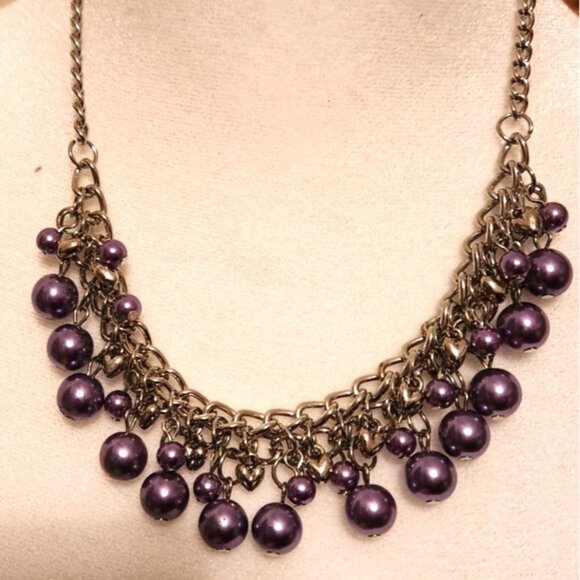 Purple Beaded Necklace Earring Set Silver tone Chain womens jewelry faux pearl - Picture 1 of 4